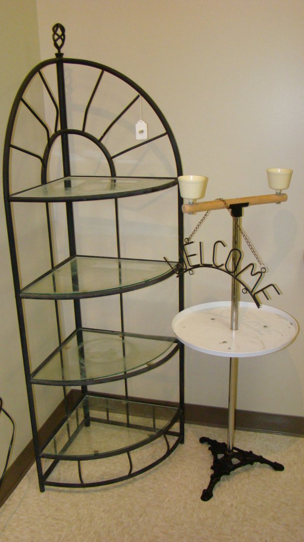 CUSTOM BIRD STAND & A CORNER OPEN DISPLAY, ETC: CUSTOM MADE BIRD STAND FEEDITIONER - CAST IRON BASE WITH ROUND METAL PIPE CENTER ROUND PLASTIC TRAY UPPER WOOD BAR WITH FEEDITIONERS ON EACH END - 47'' TALL - BLACK METAL CORNER OPEN DISPLAY - 4 GLASS