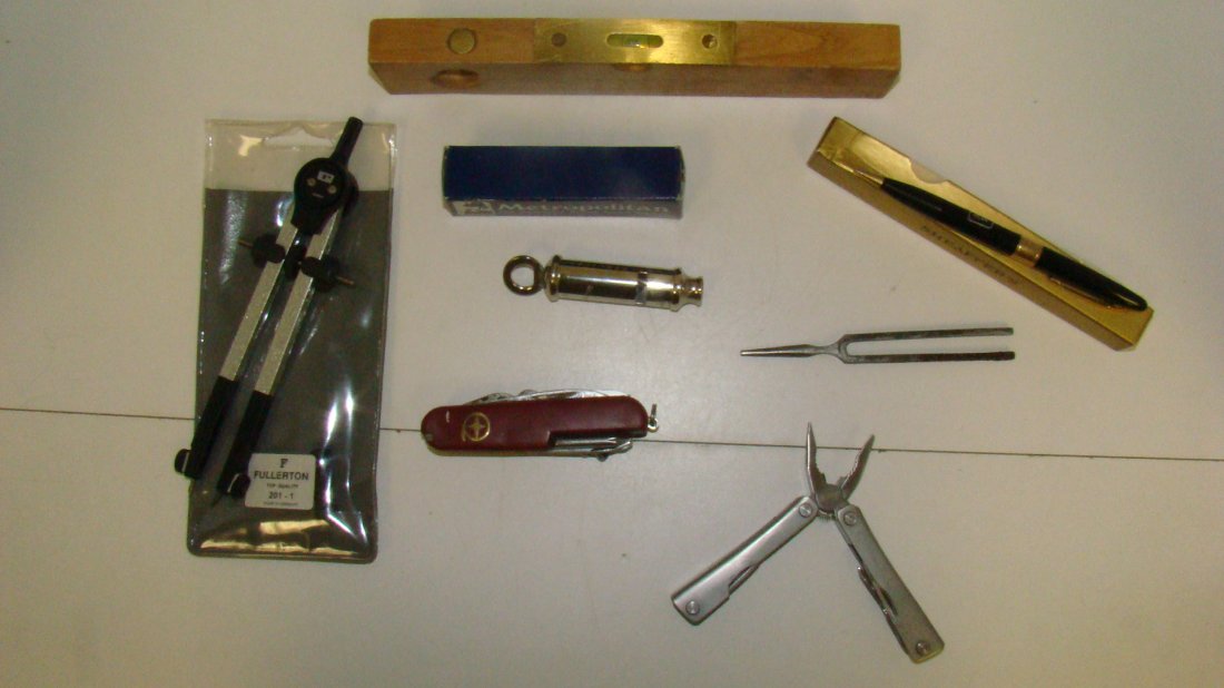 7 VARIOUS VINTAGE COLLECTIBLES: 7 VARIOUS VINTAGE COLLECTIBLES - FULLERTON 201-1 DRAFTING COMPASS IN PLASTIC HOLDER - SHAFFER MECHANICAL PENCIL - GOLD BOX - SMALL PHIL HARMONY TUNING FORK - SWISS ARMY STYLE KNIFE - STAINLESS STEEL M