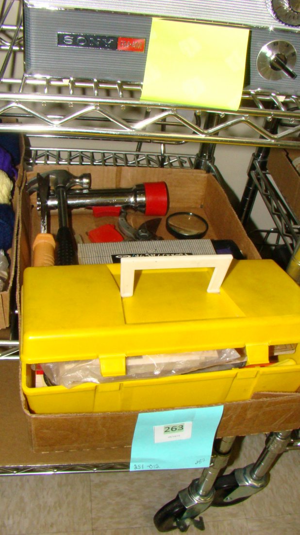 YELLOW PLASTIC TOOL BOX & TOOLS (1 of 3)