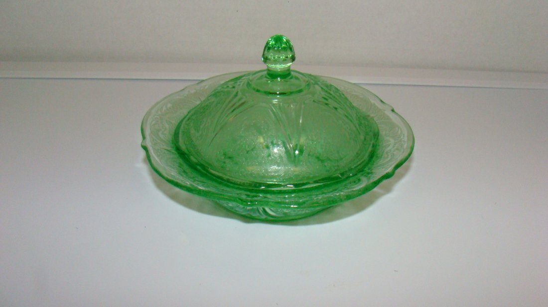 GREEN DEPRESSION GLASS COVERED BUTTER (1 of 4)