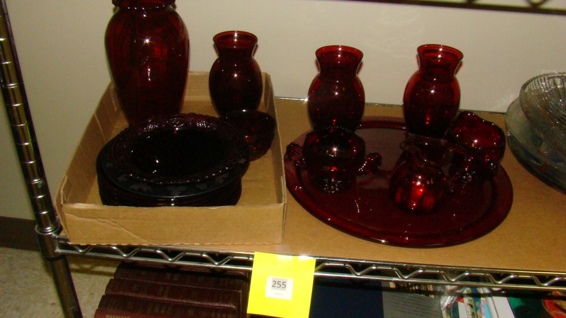 HALF SHELF-VARIOUS RUBY GLASS DISHES (1 of 2)