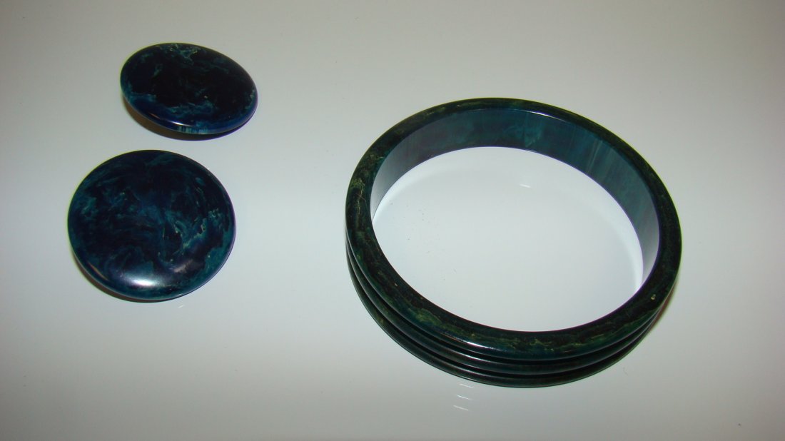 MARBLED GREEN BAKELITE BRACELET & EARRINGS (1 of 5)