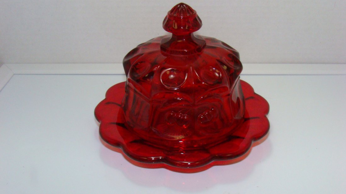 RUBY GLASS COVERED BUTTER DISH (1 of 5)