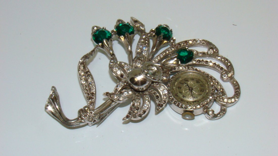 VINTAGE ORNATE RHINESTONE & MARCASITE WATCH BROOCH (1 of 3)