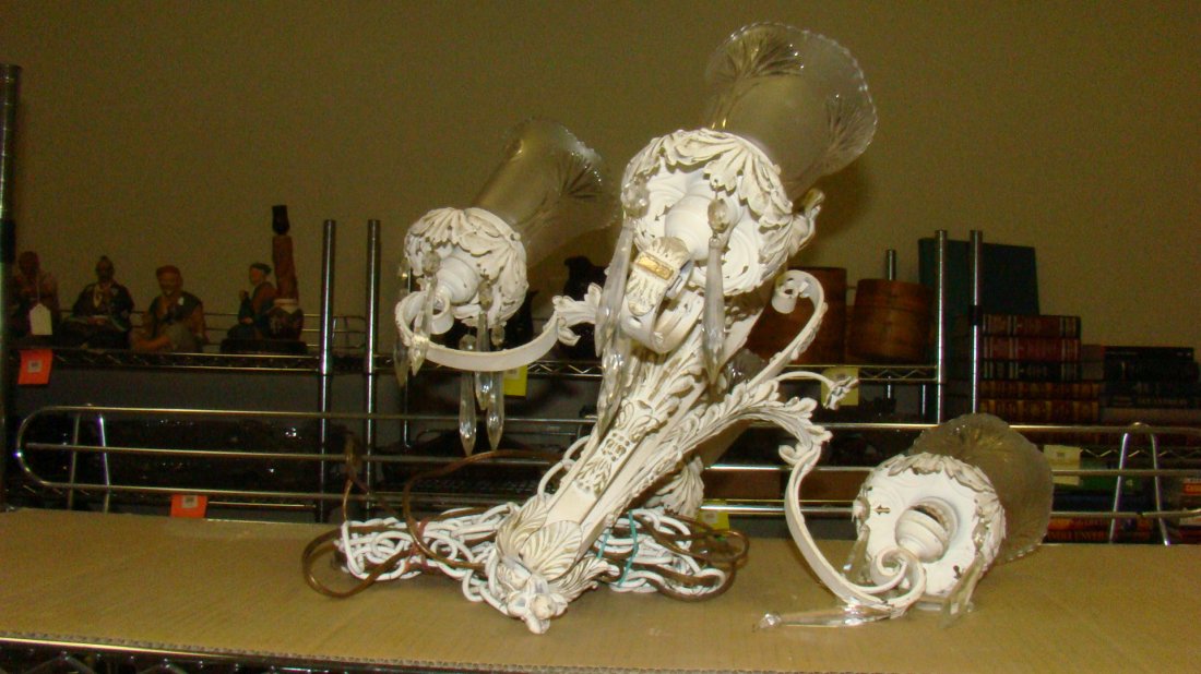 ORNATE CAST METAL HANGING LAMP-FROSTED GLASS SHADE (1 of 2)