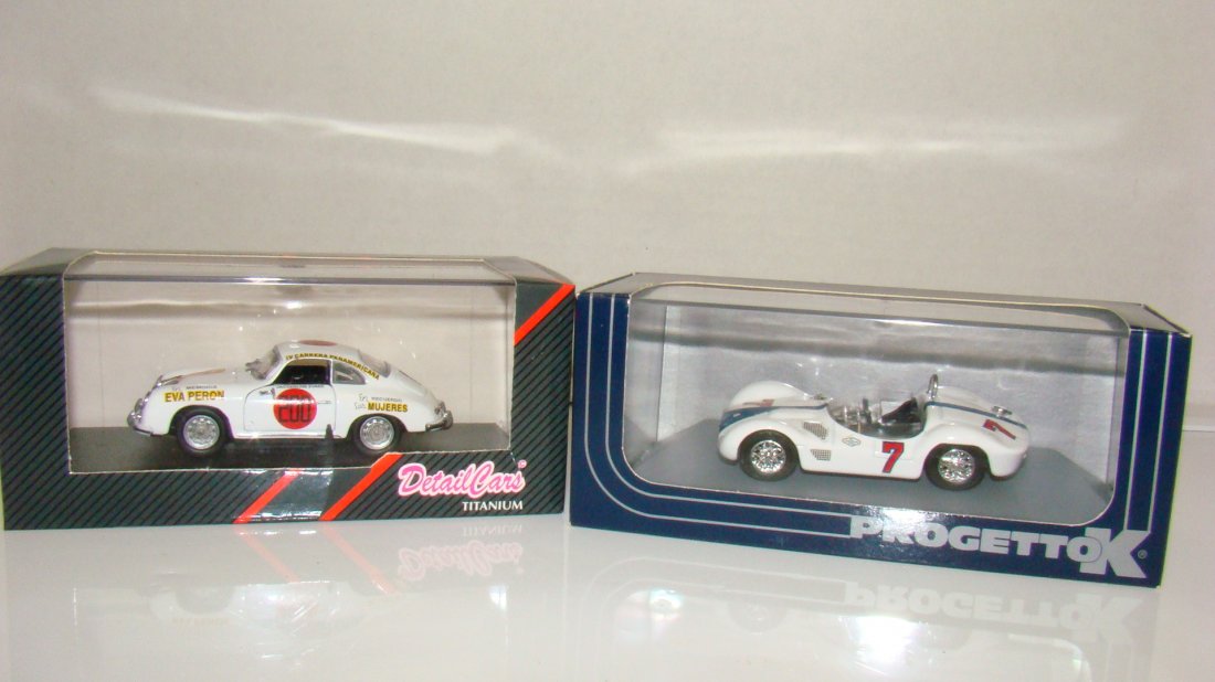 2 NIB DIE-CAST CARS: 2 NIB DIE-CAST CARS - DETAIL CARS NIB PORSCHE 356A CARRERA PANAM - ART. 227 - ORIGINAL BOX - DISPLAY AND A NIB PROGETTO K - MASERATI BIRDCAGE 1961 - TITANIUM - ORIGINAL BOX WITH DISPLAY