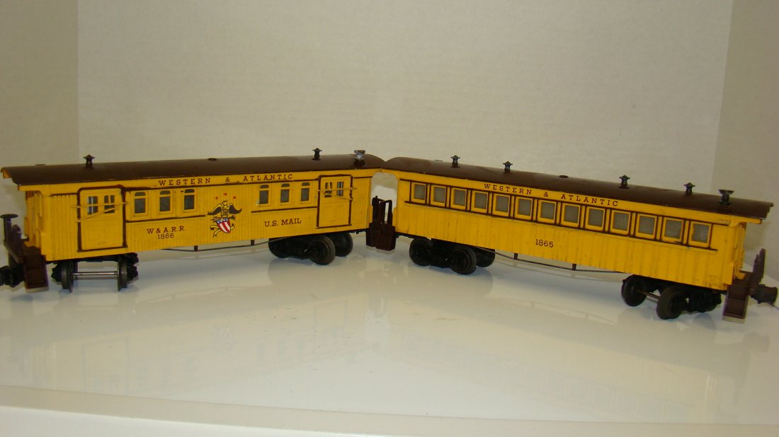 LIONEL NO. 1865 & 1866 ILLUMINATED CARS: LIONEL NO. 1865 WESTERN AND ATLANTIC ILLUMINATED PASSENGER CAR - LIONEL NO. 1866 WESTERN AND ATLANTIC U.S. MAIL CAR - BOTH IN GOOD CONDITION - UNTESTED - FROM THE COLLECTION OF A 97 YEAR OLD CERTIFIED