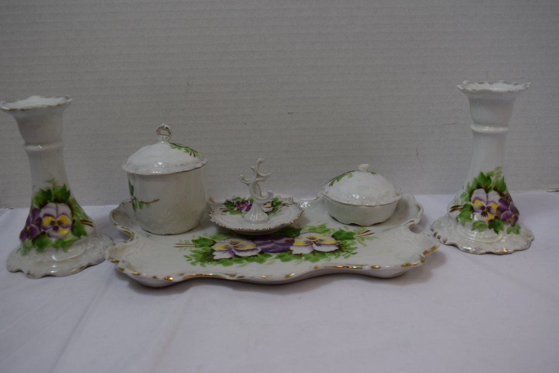 PURPLE PANSIES 6 PIECE PORCEAIN VANITY DRESSER SET (1 of 6)