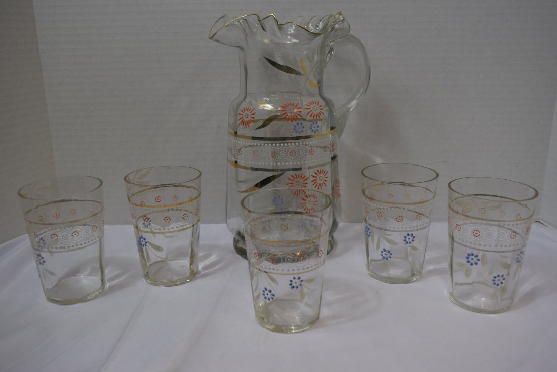 VINTAGE HANDBLOWN PITCHER WITH 5 MATCHING CUPS (1 of 6)