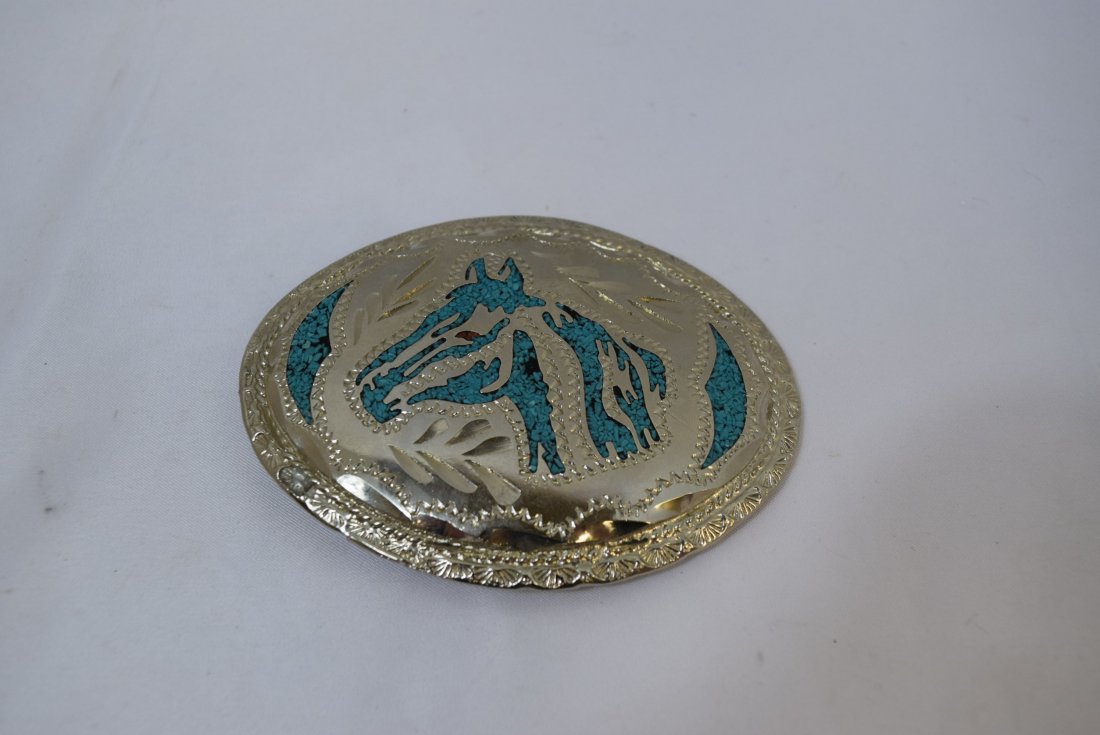 WESTERN DESIGN BELT BUCKLE; SILVER AND TURQUOISE C (1 of 3)