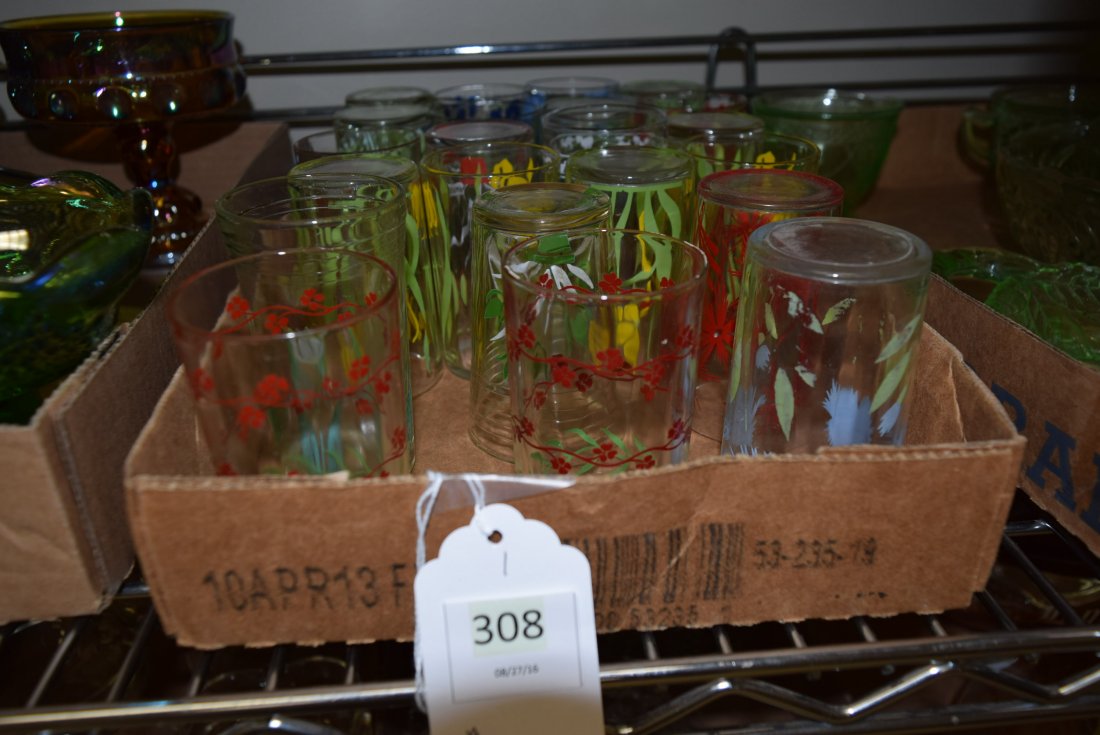 PRINTED JUICE GLASSES: PRINTED JUICE GLASSES. VARIOUS PATTERNS AND SIZES. 22 GLASSES