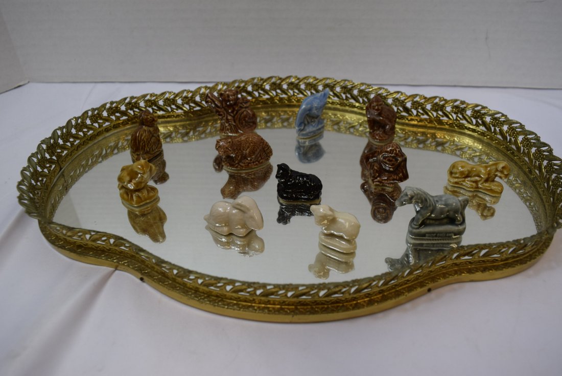12 WADE ANIMALS ON GOLD FILIGREE VANITY MIRROR: 12 WADE ANIMALS ON GOLD FILIGREE VANITY MIRROR. ANIMALS COME IN VARIOUS COLORS. SIZES RANGE IN HEIGHT FROM 0.5 TO 1.5''. RABBIT, RACCOON, PONY, LAMB, GORILLA AND MORE. THE VANITY MIRROR IS ORNATE FILI