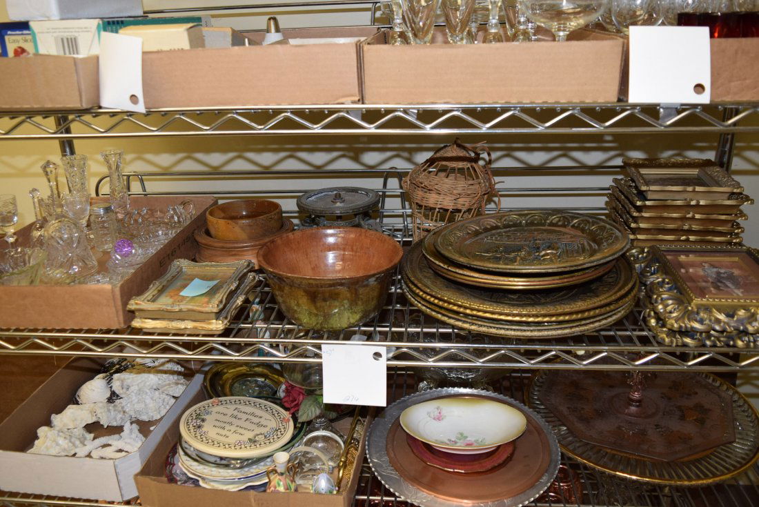 SHELF LOT OF GLASS WARE; PICTURES; POTTERY AND MOR (1 of 5)