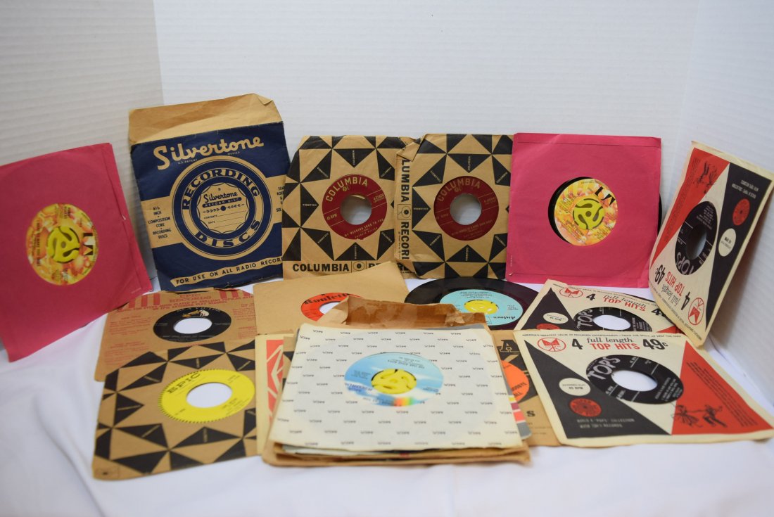 LOT OF VINTAGE 45 RECORDS/LPS: LOT OF VINTAGE 45 RECORDS/LPS. SILVERTONE - THESE RECORDS LOOK TO BE HOME RECORDINGS. THEY SAY NATIONAL HOLLYWOOD WITH PERSONAL WRITING STATING - ART MERRILL NICE TO COME HOME TO WOODEN WHISTLE. COLUM