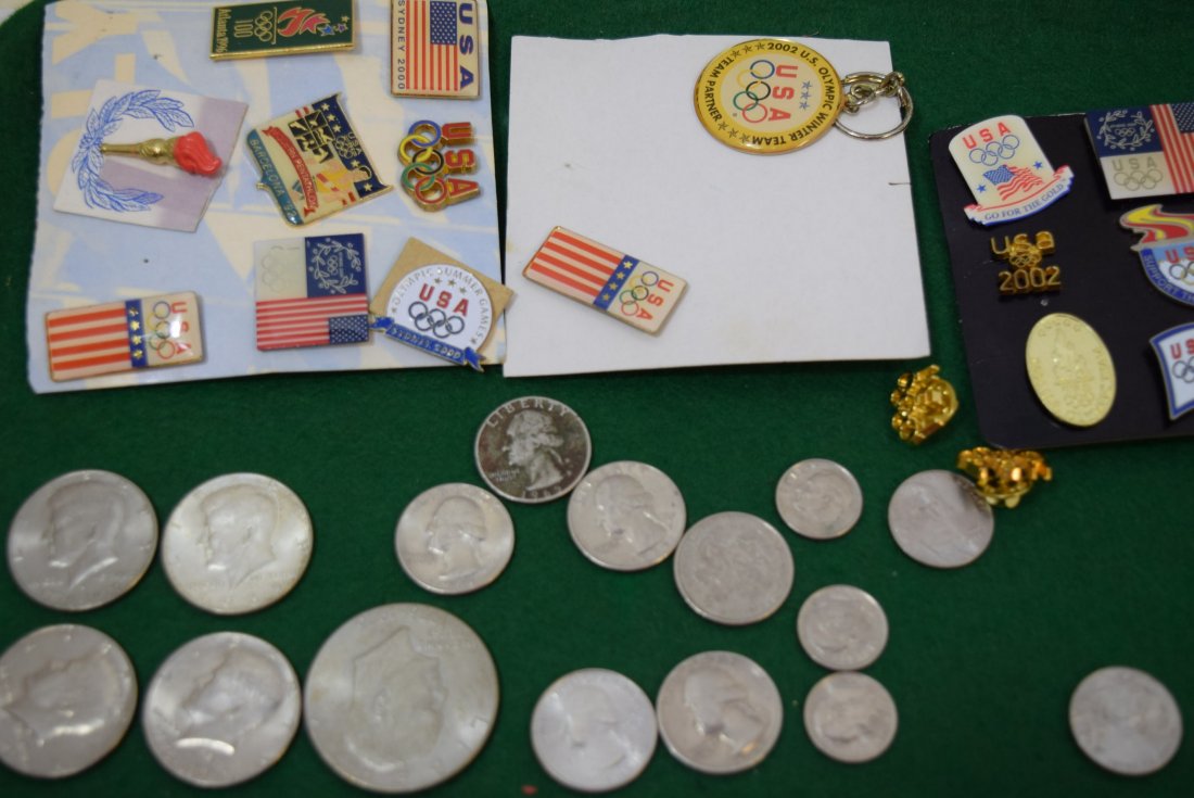 COINS AND OLYMPIC PINS: COINS AND OLYMPIC PINS. $4.90 IN COIN MONEY. EISENHOWERS, KENNEDY AND MORE. NO SILVER. 1965, BICENTENNIALS AND MORE CURRENT. OLYMPIC PINS, KEY CHAIN AND ORNAMENT.