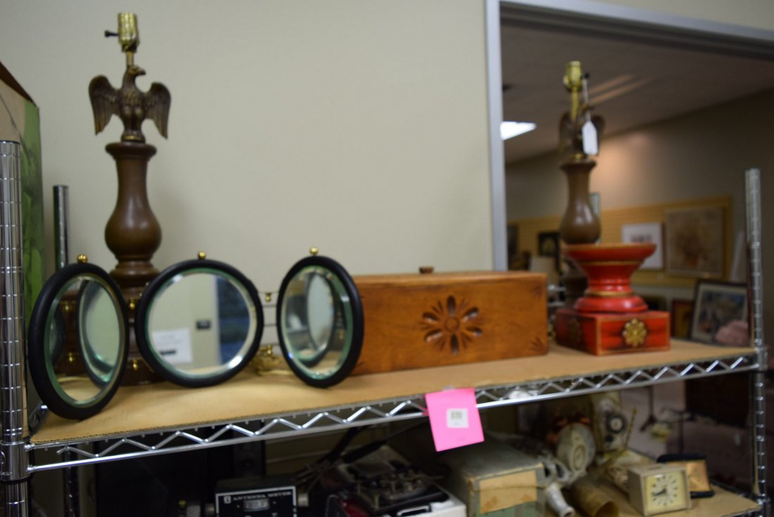 EAGLE LAMPS; VICTORIAN MIRRORS & ORNATE WOOD BOX (1 of 4)