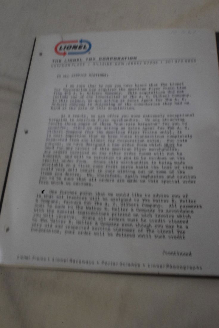 RARE 1967 LIONEL TRANSFER OF OWNERSHIP LETTER (1 of 2)