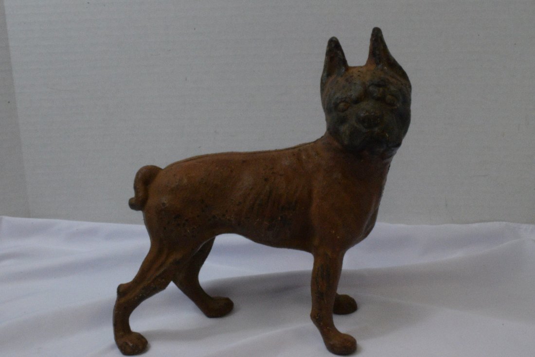 ANTIQUE CAST IRON BULLDOG DOORSTOP: ANTIQUE CAST IRON BULLDOG DOORSTOP-APPROX 10''HX8''L-PAINT WEAR & SCRATCHES