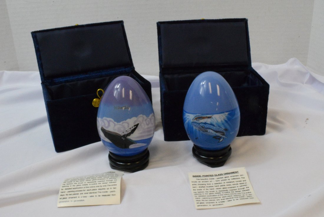 2 HAND-PAINTED GLASS EGG SHAPED ORNAMENTS WITH STA: 2 HAND-PAINTED GLASS EGG SHAPED ORNAMENTS WITH STANDS-MAUI WHALES OCEAN-HAWAII OLD SAIL SHIP WHALES-BOTH IN ORIGINAL CASES