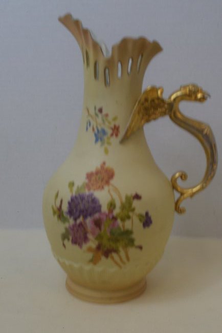 ANTIQUE RUDOLSTADT RW GERMANY TALL PITCHER: ANTIQUE RUDOLSTADT RW GERMANY TALL PITCHER-12.5 INCHES IN HEIGHT-GOLD PAINTED WINGED SERPENT HANDLE-SCALLOPED EDGED-WILD FLOWER DESIGN