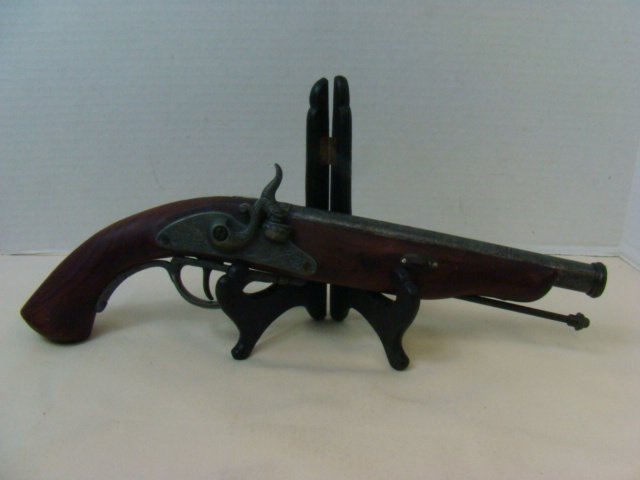 WOOD & GREY METAL PISTOL: WOOD & GREY METAL PISTOL-SCROLL DESIGN THROUGHOUT METAL- GOLD/KOI FISH FOR HAMMER-SHOW PIECE ONLY-REPLICA