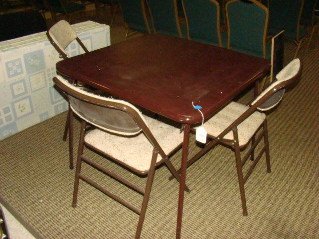 CARD TABLE WITH THREE CHAIRS: CARD TABLE WITH THREE CHAIRS-UPHOLSTERED CHAIRS- BROWN COLOR