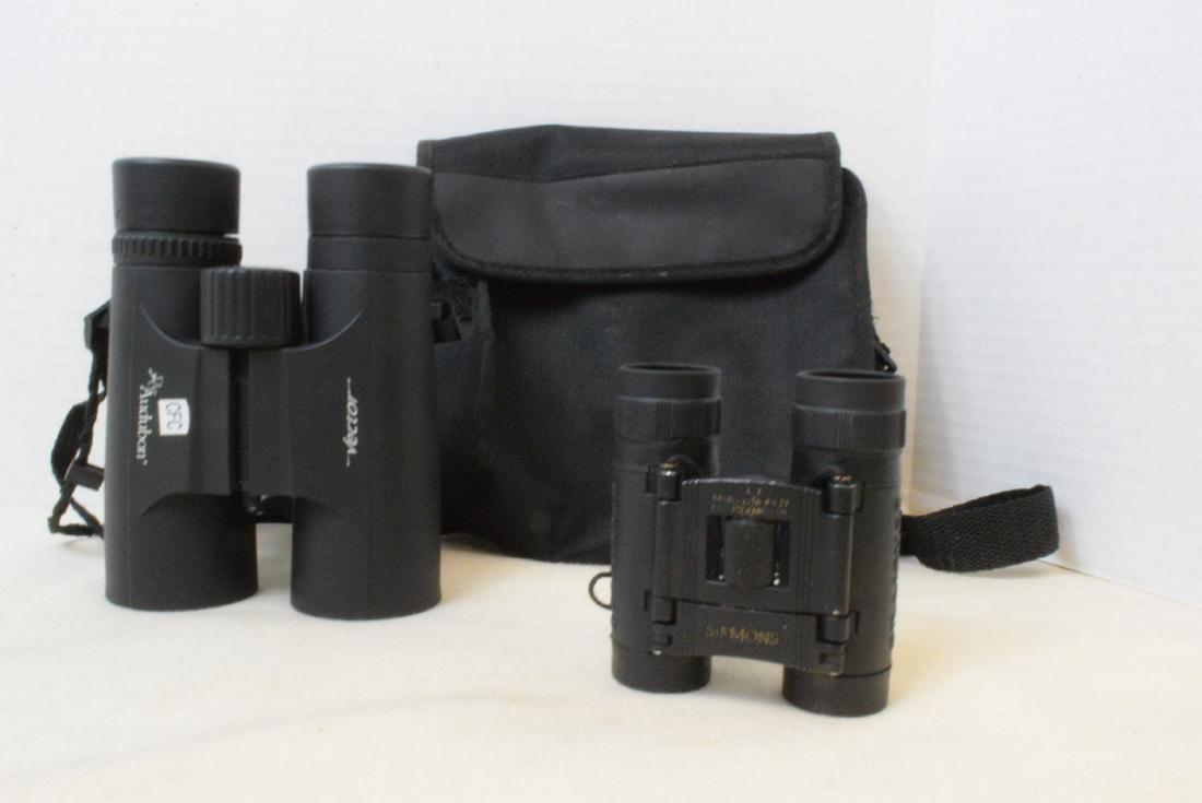 AUDUBON VECTOR & SIMMONS BINOCULARS: AUDUBON VECTOR BINOCULARS IN CASE-NO LENSE CAPS-WATERPROOF & SIMMONS SMALLER POCKET BINOCULARS- NO LENSE CAPS-SOME WEAR-BOTH GOOD CONDITION