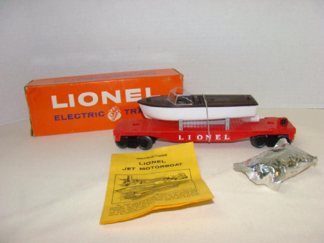 LIONEL JET MOTOR BOAT TRANSPORT CAR-NIB: LIONEL TRAINS-JET MOTOR BOAT TRANSPORT CAR 6501-NIB WITH INSTRUCTIONS-BROWN & WHITE BOAT-BOX COLOR WEAR-PENCIL MARKS-FLAP TEAR