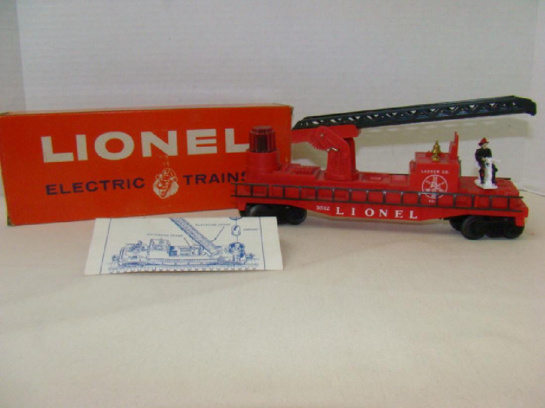 LIONEL TRAINS-FIREMAN & LADDER CAR - NIB: LIONEL TRAINS-OPERATING FIREMAN & LADDER CAR - NIB WITH INSTRUCTIONS-BOX DAMAGE-FRONT PERFORATED AREA DETACHED/RIPPED-SMALL FLAP TEARS-COLOR WEAR/RUB