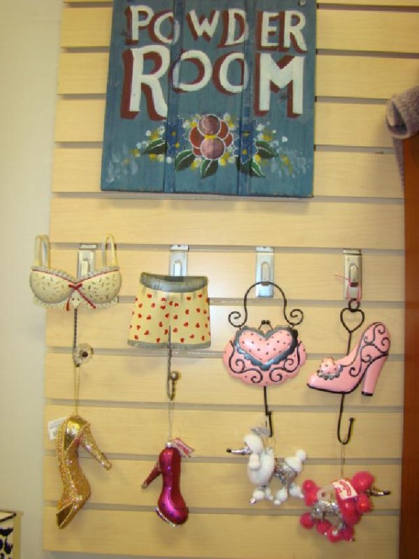DECORATIVE WALL HANGING HOOKS-ORNAMENTS-PLAQUE: DECORATIVE 4 WALL HANGING HOOKS-BATHING TOP & SHORTS-PINK PURSE & SHOE-4 ORNAMENTS-TWO POODLES & TWO SHOES- POWDER ROOM WOODEN PLAQUE