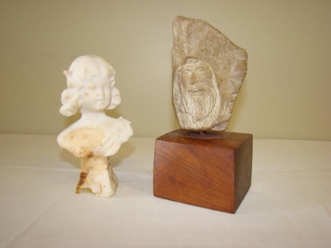 2 STONE CARVINGS-MAN FACE & BUST OF GIRL: 2 STONE CARVINGS-BEARDED MAN FACE CARVED INTO STONE ON WOODEN BLOCK MARKED BOTTOM 7/690 & MARBLE BUST OF GIRL-SOME CHIPPING NEAR BOTTOM