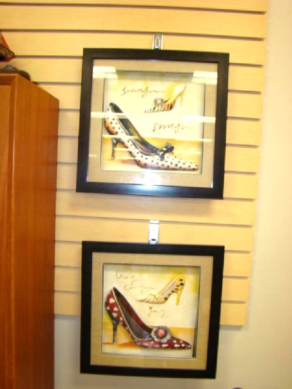 2 SHADOW BOX STYLE 3-D SHOE FRAMED SHOE PICTURES: 2 SHADOW BOX STYLE 3-D SHOE FRAMED SHOE PICTURES-POLKA DOTTED SHOES IN EACH GLASS FRAMED & MATTED PICTURES-15.5''X15.5''