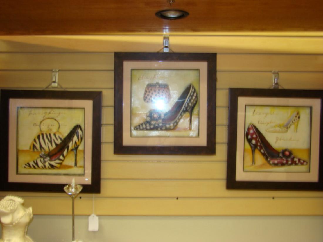 3 GLASS FRAMED 3-D SHOE PRINTS: 3 GLASS FRAMED 3-D SHOE PRINTS-SHADOW BOX STYLE- ZEBRA PRINT SHOE & 2 POLKA DOTED SHOES-15.5''X15.5''