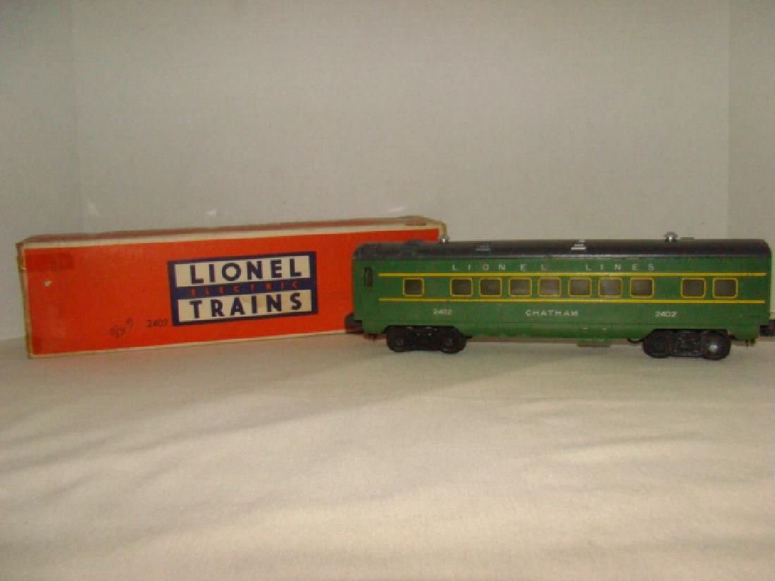 LIONEL ILLUMINATED PULLMAN CAR 2402: LIONEL TRAIN-ILLUMINATED PULLMAN CAR 2402-CHATHAM-COLOR WEAR TOP OF CAR-SMALL AREA DAMAGE ALONG BOTTOM RIM-HEAVY BOX DAMAGE-MISSING END FLAPS-INK MARKS-TAPE-UNTESTED