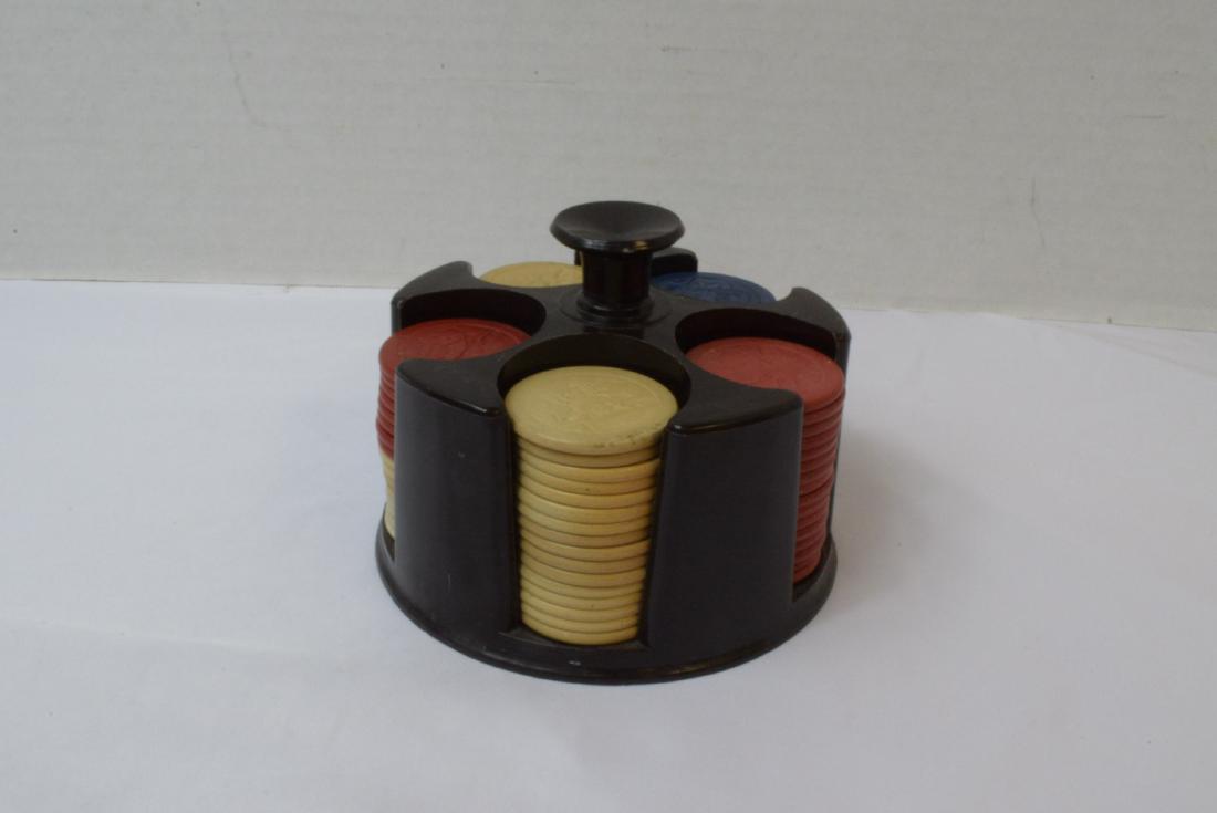 BAKELITE POKER CHIP CADDY-STOP MONKEYING CAT & DOG: BROWN BAKELITE POKER CHIP CADDYWITH 79 STOP MONKEYING CAT & DOG POKER CHIPS