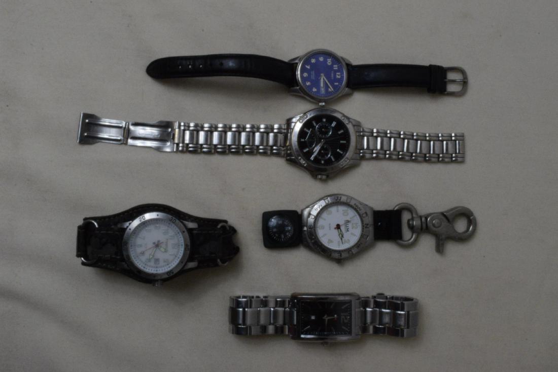 5 MEN'S WATCHES: 5 MEN'S WATCHES-FREESTYLE WATCH 100 METERS LEATHER BAND UNTESTED-UNKNOWN MAKER RECTANGULAR FACE SILVER CLASP BAND UNTESTED-TIMEX INDIGO WR 30M BLACK BAND WORKING-BUM CLIP ON WATCH WITH COMPASS UNTESTE