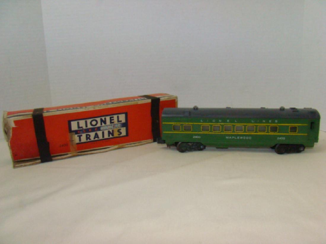 LIONEL ILLUMINATED PULLMAN TRAIN CAR 2400: LIONEL TRAIN-ILLUMINATED PULLMAN CAR 2400-MAPLEWOOD - MINOR RUST & OXIDATION ON TRUCKS-UNTESTED-ORIGINAL BOX-BOX DAMAGE-TAPE-MISSING FLAPS-INK MARKS