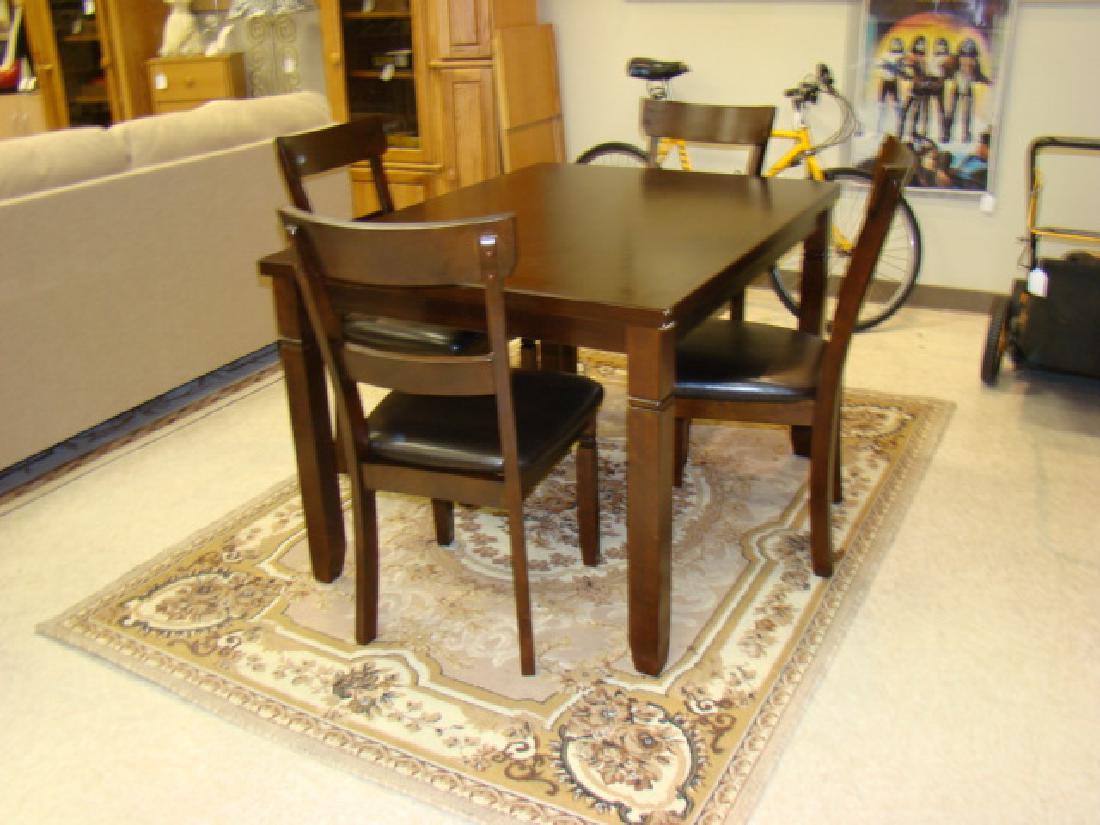 5 PIECE DINING SET: 5 PIECE DINING SET BY GREENWORLD FURNITURE COMPANY-DARK BROWN WOOD TABLE WITH 4 MATCHING CHAIRS-BLACK CUSHIONED SEATS-RECTANGULAR SHAPE-ONE CORNER DING