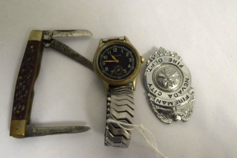 VINTAGE POCKET KNIFE-FIREMAN PIN-BULOVA WATCH: VINTAGE POCKET KNIFE BONE HANDLE-LARGEST BLADE MARKED WESTERN BOULDER COLORADO-NEVADA CITY FIREMAN BADGE PIN-BULOVA WATCH-NO FACE CRYSTAL AND -BACK MARKED 013069-HAS OLD BACKING UNDER THE REPLACED BAC