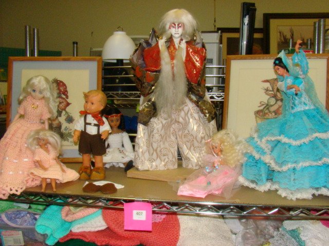 BARBIE DOLLS-JAPANESE DOLL-CROCHETED DOLL & MORE: HUMMEL CROSS STICH PICTURES, BARBIE DOLLS-ASIAN DOLL- JAPANESE KAGAMIJISHI ON WOOD STAND, CROCHETED DOLL, FLAMINCO DANCER-NATIVE AMERICAN DOLL-BAG OF YARN & MORE