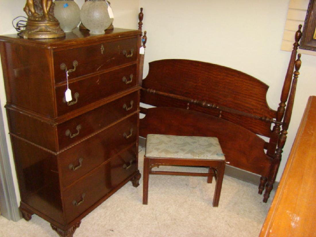 VINTAGE 4 PC BEDROOM SET: VINTAGE 4 PC BEDROOM SET-TALL DRESSER 52''HX 33.5''W - DESK/VANITY 30''H X 46''W-VANITY/PIANO BENCH- HEAD & FOOT BOARDS APPEARS FOR FULL SIZE BED. METAL HARDWARE - BENCH SEAT COVER IS BLUE WITH FADING