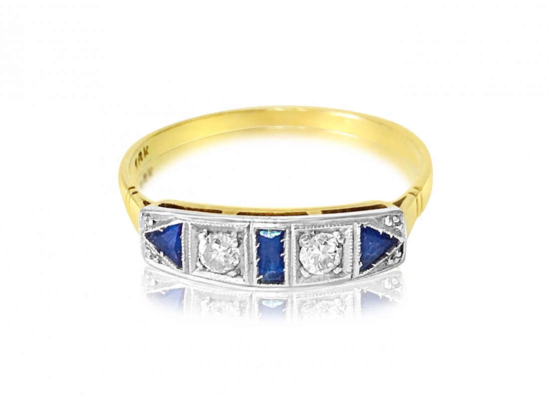 18K Gold, 0.20 Carat Diamond & Blue Sapphire Ring. (1 of 6)