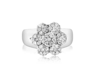 Vintage Flower Inspired, Brilliant Diamonds and Gold: 14kt white gold. Total carat weight of diamonds: 1.50 carats. Clarity: VS 2 - SI1. Color: F-G color. Round brilliant cut diamonds in prong setting. Diamonds: 100% natural earth mined. Gorgeous fine