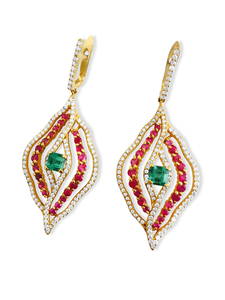 14k Gold 6 carat Diamond Emerald and Ruby Earrings