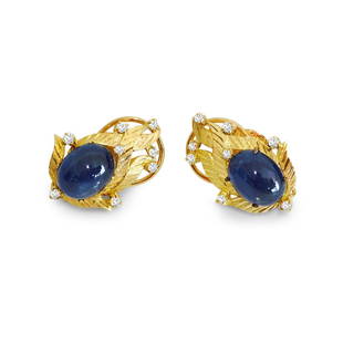 (GIA) 18K, Natural Blue Sapphire & Diamond Earrings: Metal: 18K yellow gold.14.50 carat natural earth mined blue sapphire. Cabochon cut, vivid saturation and very good quality.0.23 carat diamonds. Round brilliant cut, VS clarity and F color.Total carat