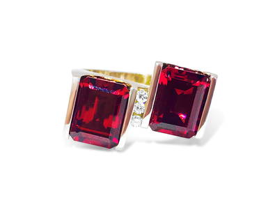 14K Gold, 7 Carat Natural Garnet and Diamond Ring.: 14K White Gold. 7.00 Carat Natural Garnet, Emerald Cut. 100% Natural earth mined. Setting: Channel. Diamonds: 1/10 carat. VS clarity, F-g Color, Channel setting. Very beautiful ring. Nice intense