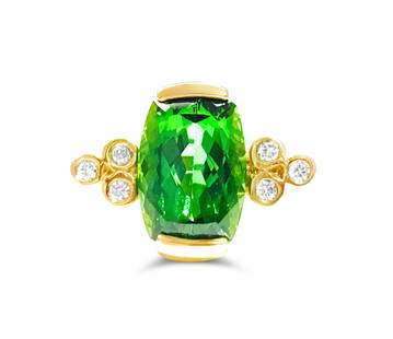 14K Gold, 4.00 CT Green Tourmaline and Diamond Ring: 14K yellow gold(tested) 4.00 carat Green Tourmaline, set in channel setting. 100% natural earth mined tourmaline. 0.21 carat side diamonds. VS clarity and F-G color diamonds. 100% natural earth mined