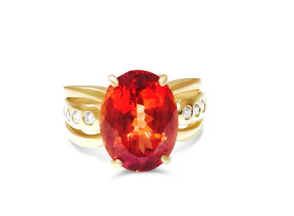 14k Gold, 5.00 CT Orange Beryl and Diamond Ring.: 14k Yellow Gold(tested). 5.00 CT orange beryl; oval cut, set in prongs. 100% natural earth mined gemstone. Side diamonds: 0.32 carat G color and VS-SI clarity. Round brilliant cut diamonds set in