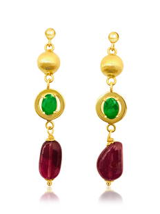 Womens Vintage Emerald, Tourmaline & 14K Gold Earrings: Solid 14K yellow gold. TCW of emeralds: 1.50 carats, oval cut set in prongs. 100% natural earth mined emerald. Gorgeous Colombian emerald, superb color and luster. TCW of tourmaline: 8.00 carats.