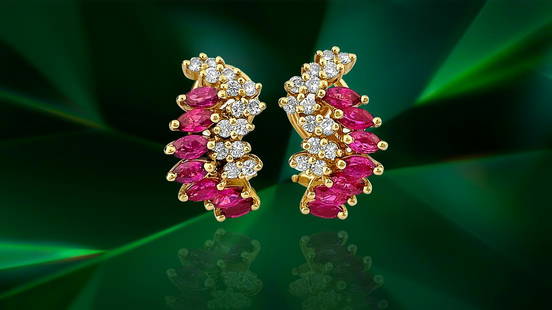 Natural 1.70 Carat Ruby Diamond Earrings in 14k Gold: Metal: 14k yellow gold. 1.00 carat diamonds, VS-SI clarity and G color. Round brilliant cut diamonds. 0.70ct ruby. Marquise cut set in prongs. 100% natural earth mined precious gemstones. Excellent